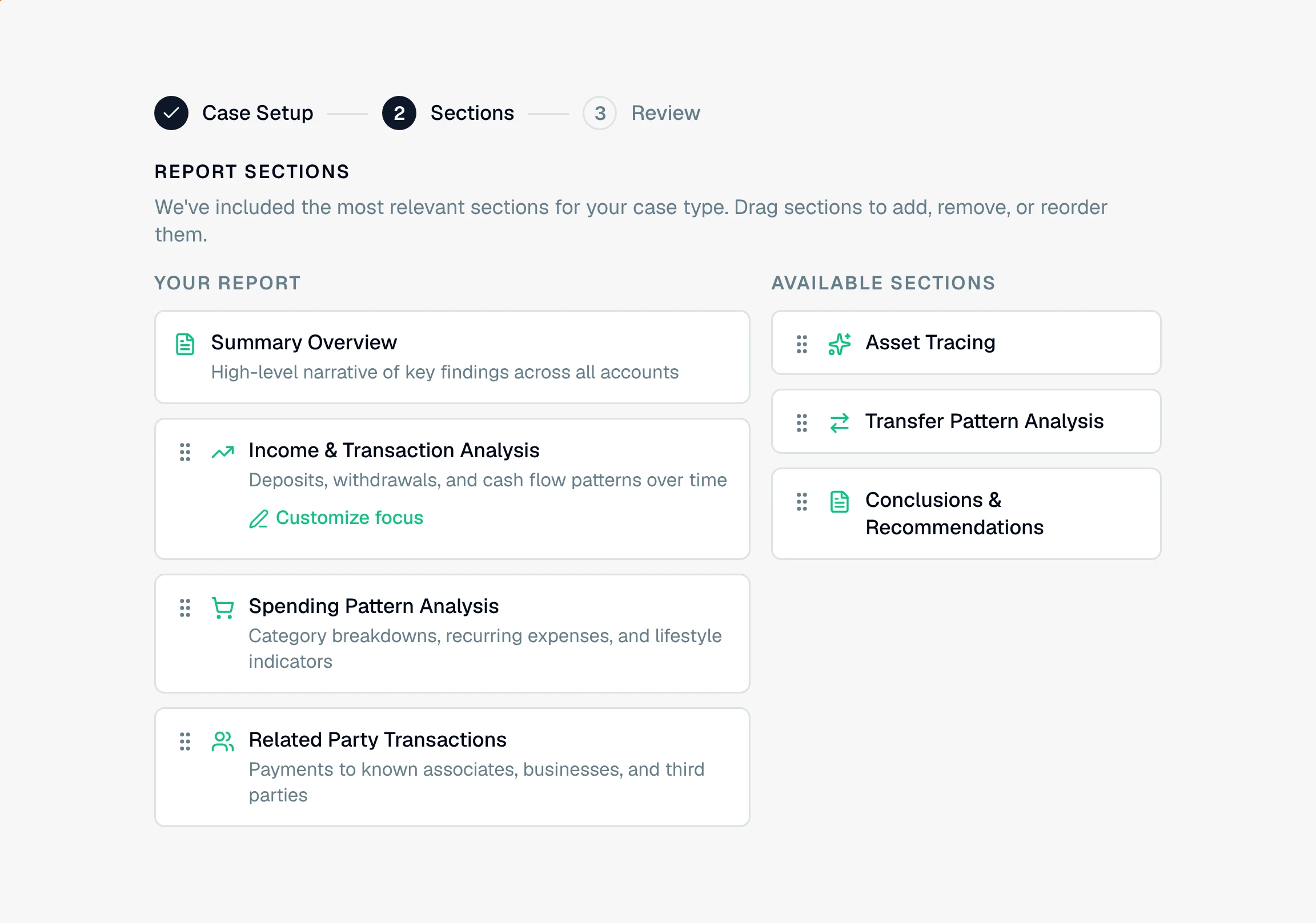 The AI Forensic Analysis report wizard on the Sections step, with a Your Report column of chosen sections beside an Available Sections column, and the Customize focus control ringed under one section.