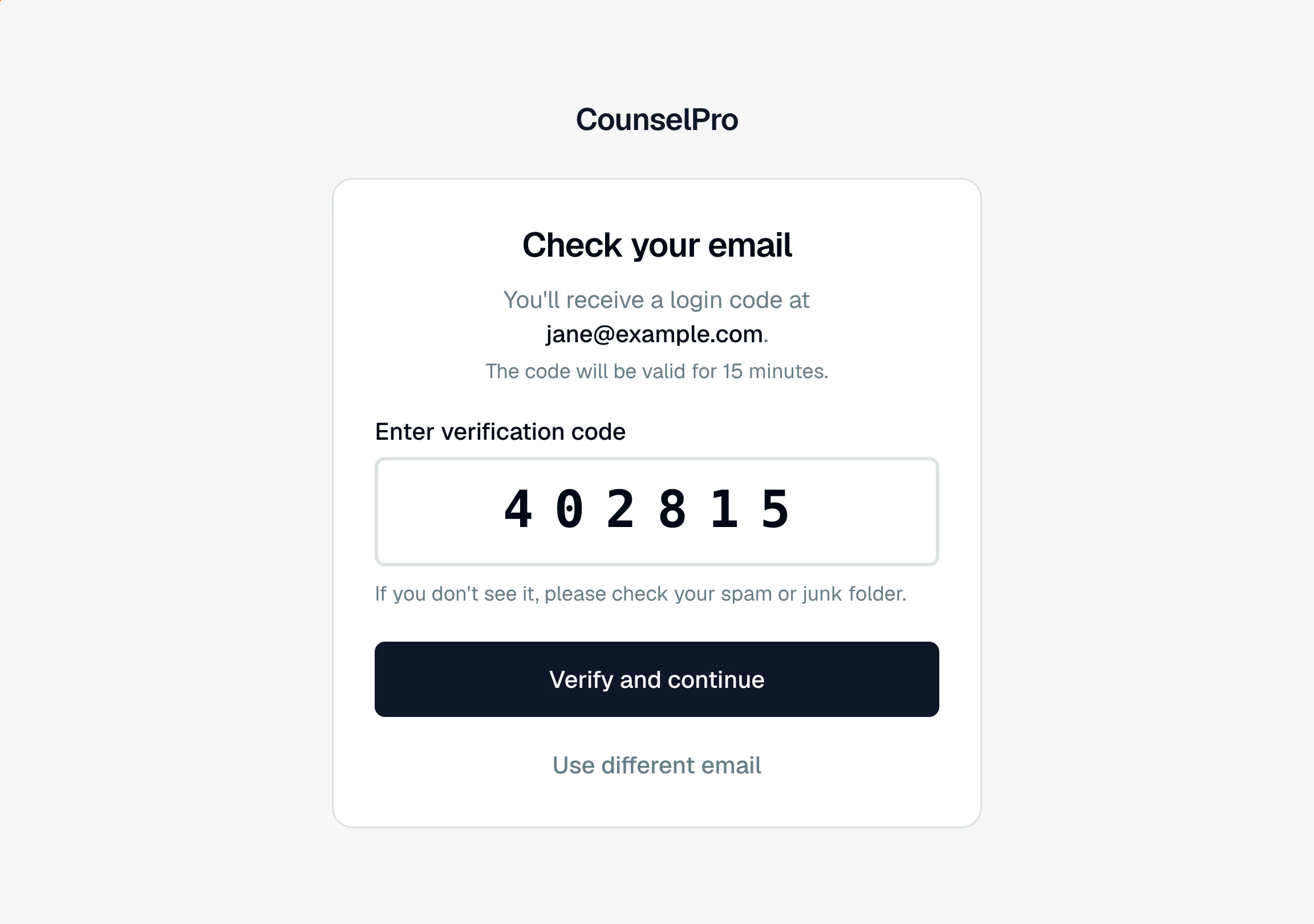 CounselPro passwordless login, the Check your email screen with a large field for the 6-digit code, a Verify and continue button, and a Use different email link.