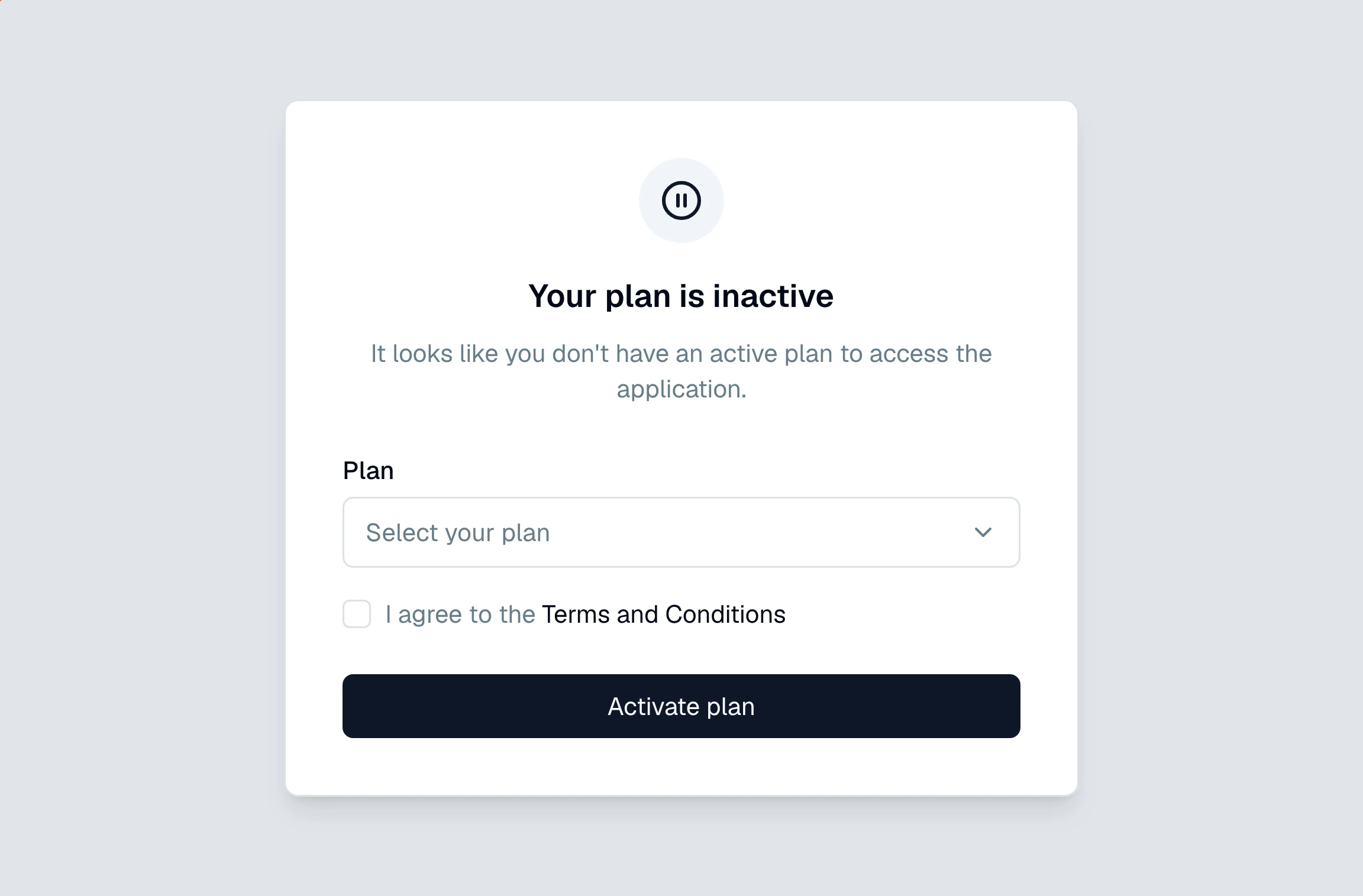 CounselPro "Your plan is inactive" screen with a Plan dropdown, a Terms and Conditions checkbox, and an Activate plan button.