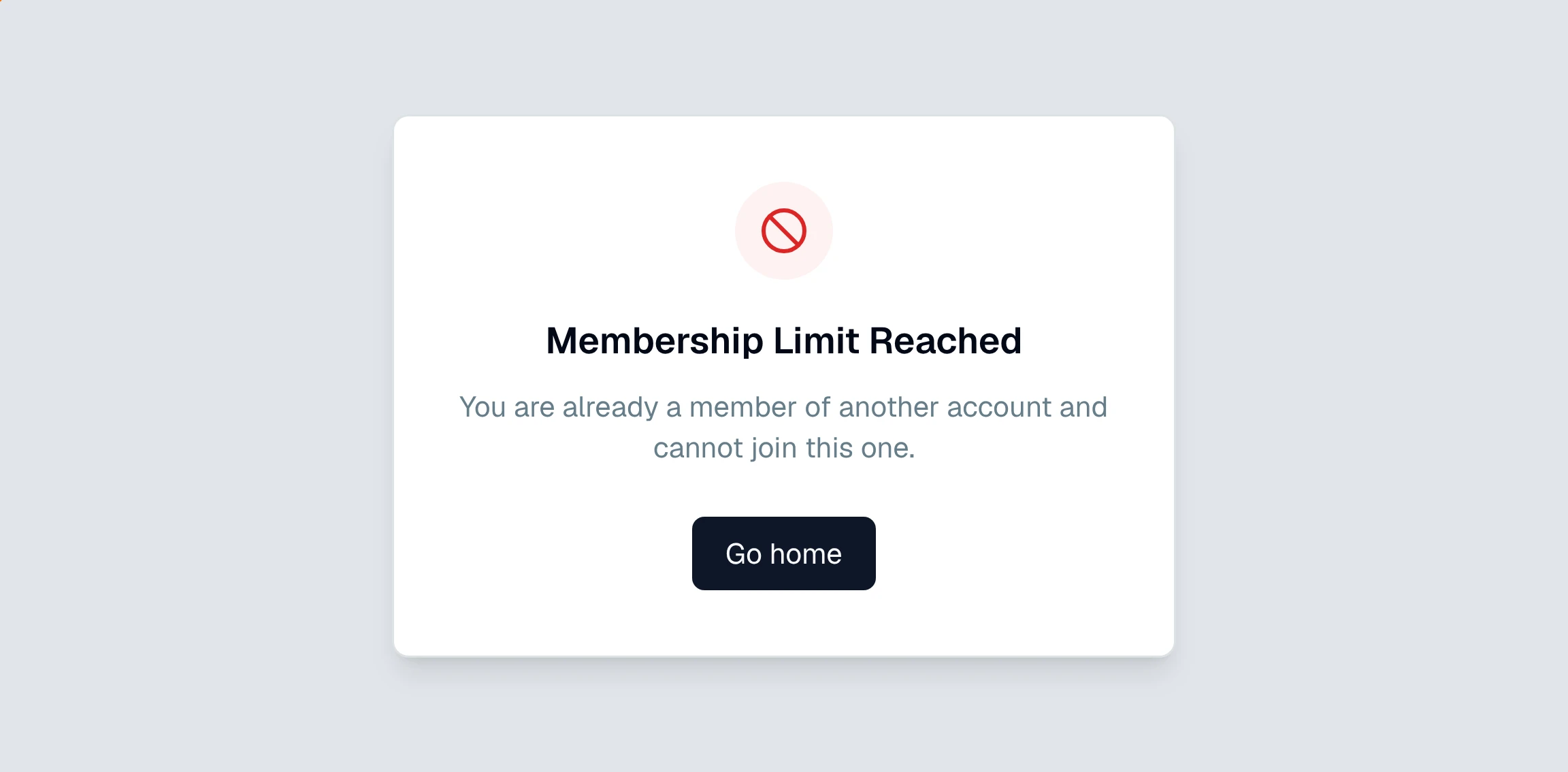 CounselPro screen reading "Membership Limit Reached," explaining you are already a member of another account and cannot join this one.
