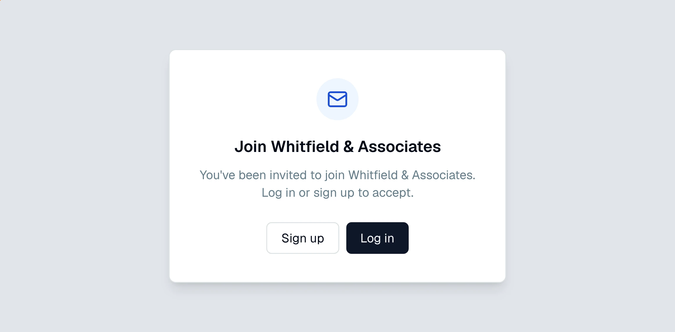 CounselPro invitation screen reading "Join Whitfield & Associates," with Sign up and Log in buttons.