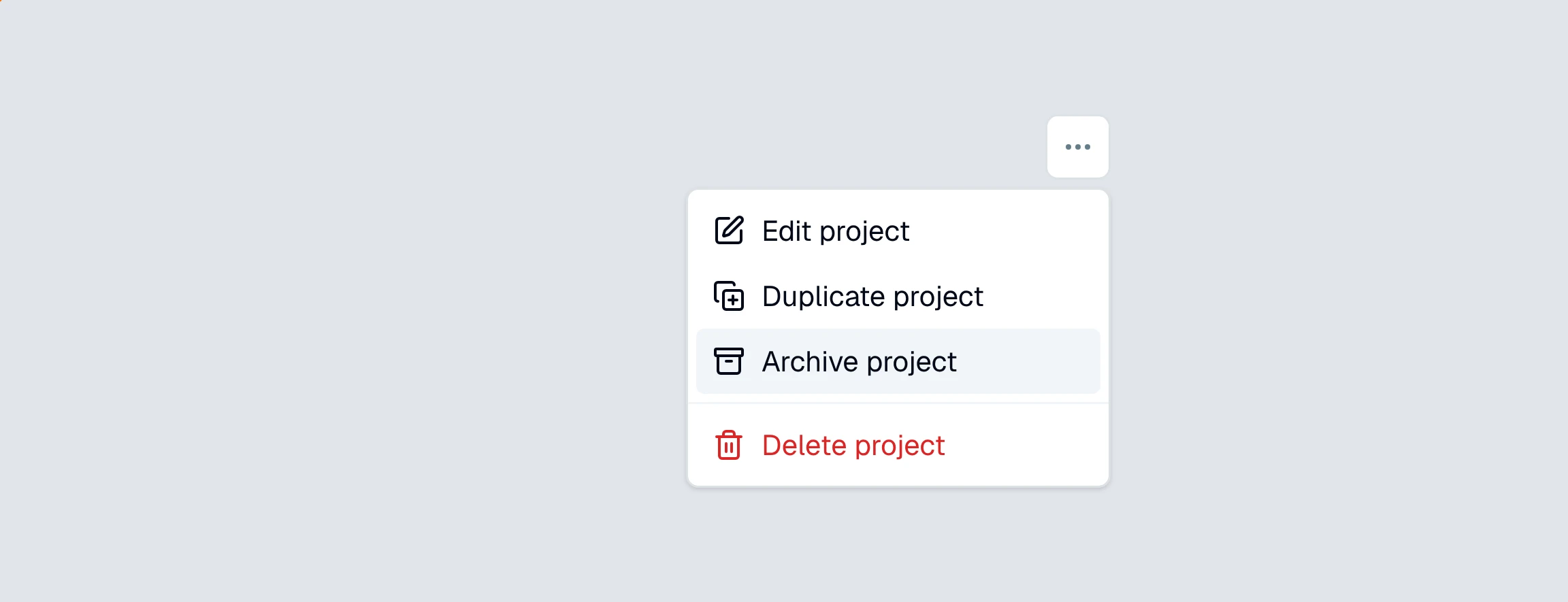 CounselPro project row menu open with the "Archive project" item ringed, between Duplicate project and Delete project.