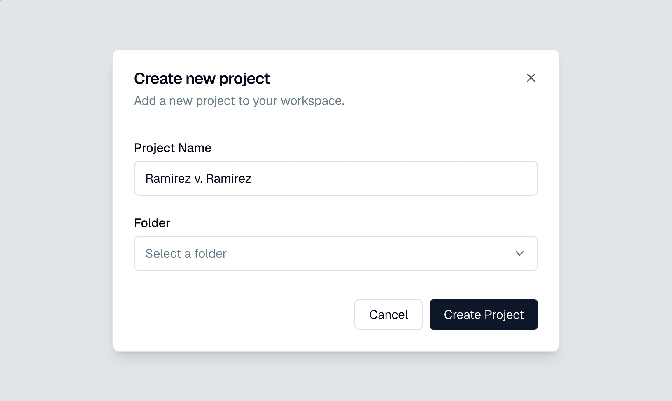 CounselPro Create new project dialog with a project name filled in, ready to create.