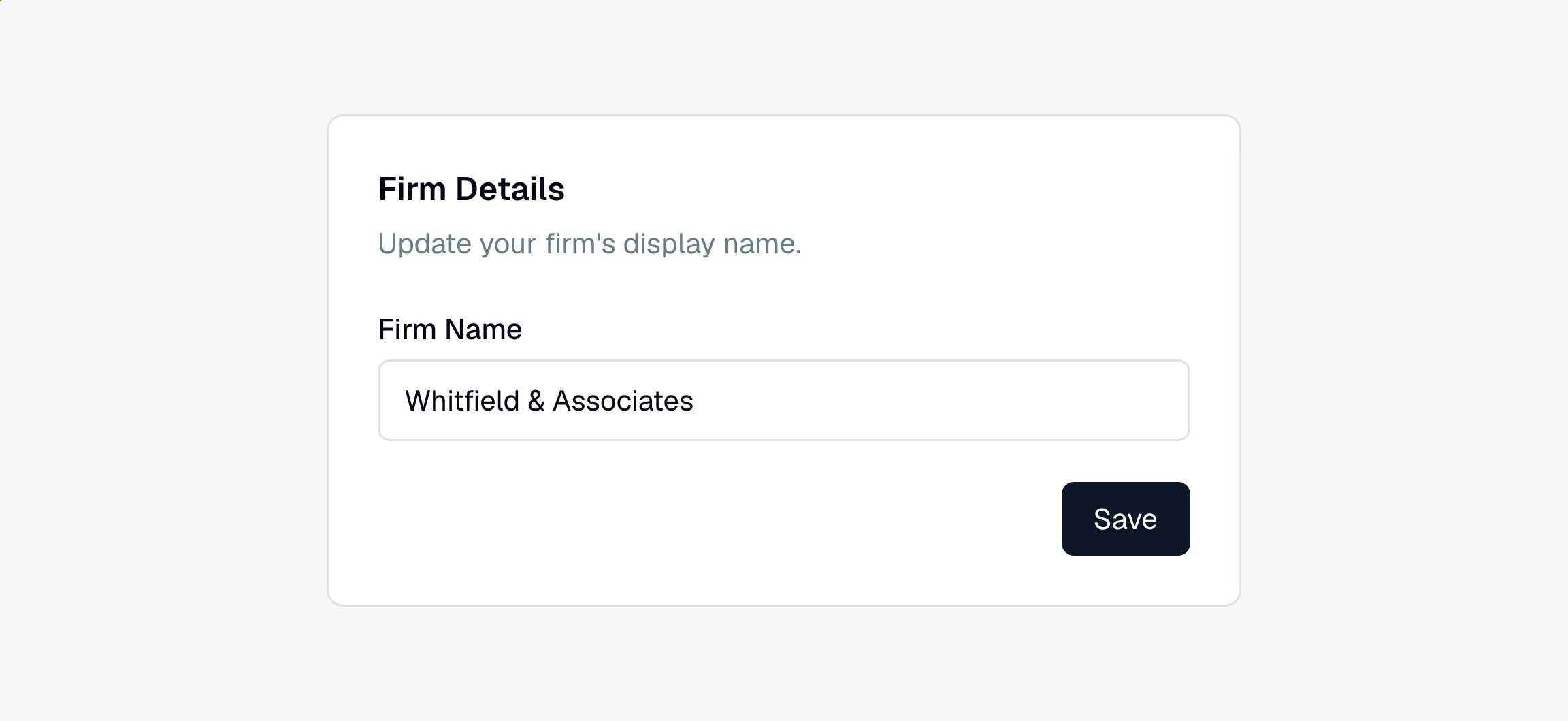 CounselPro Settings Firm Details card with a Firm Name field and a Save button.