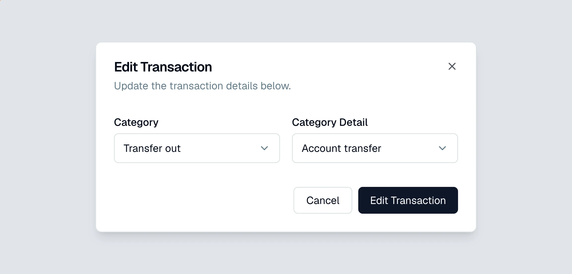 CounselPro Edit Transaction dialog showing the Category select ringed and set to Transfer out, with Category Detail set to Account transfer.