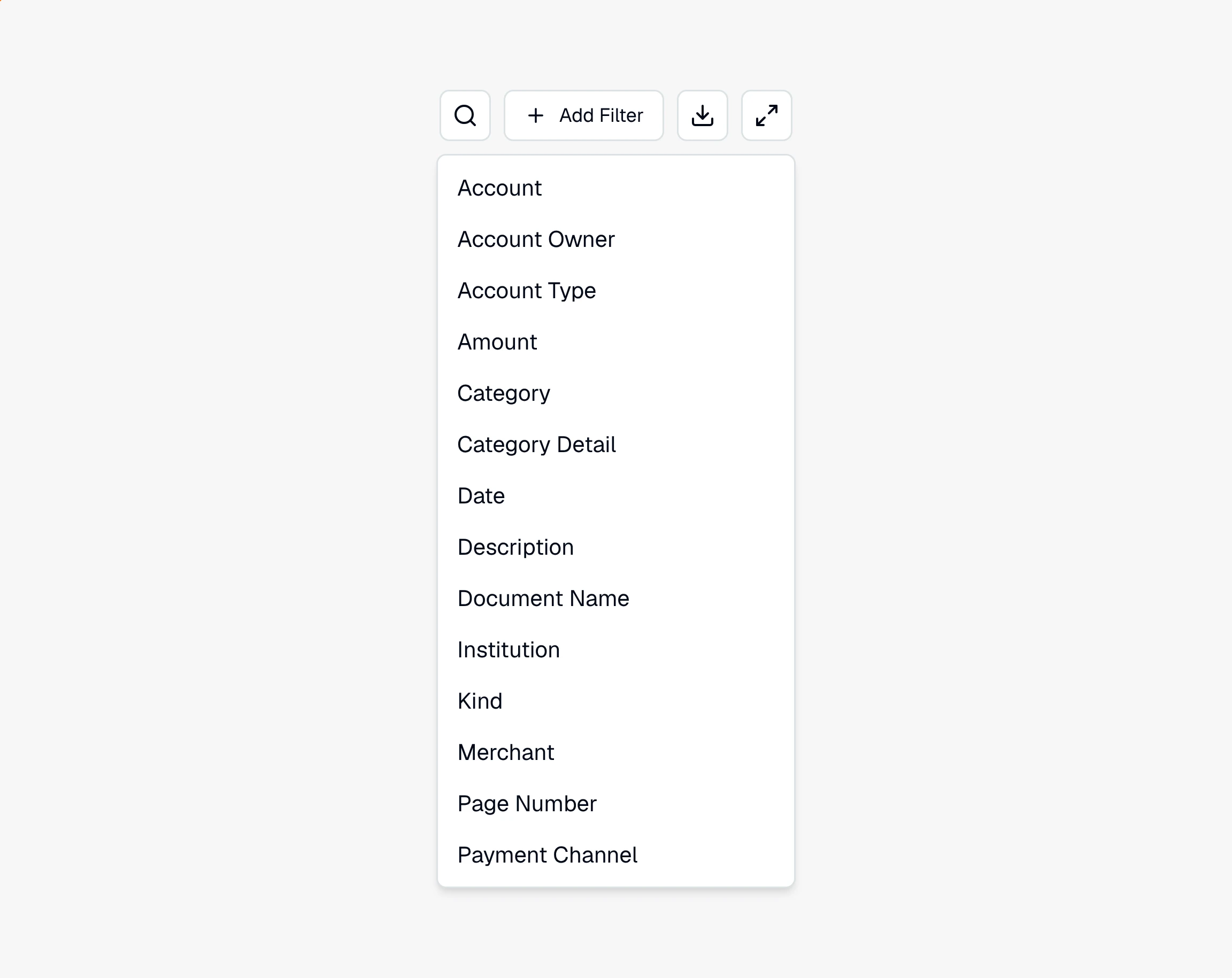 CounselPro Transactions filter bar with the Add Filter button ringed and the field menu open listing Account, Amount, Category, Date, and more.